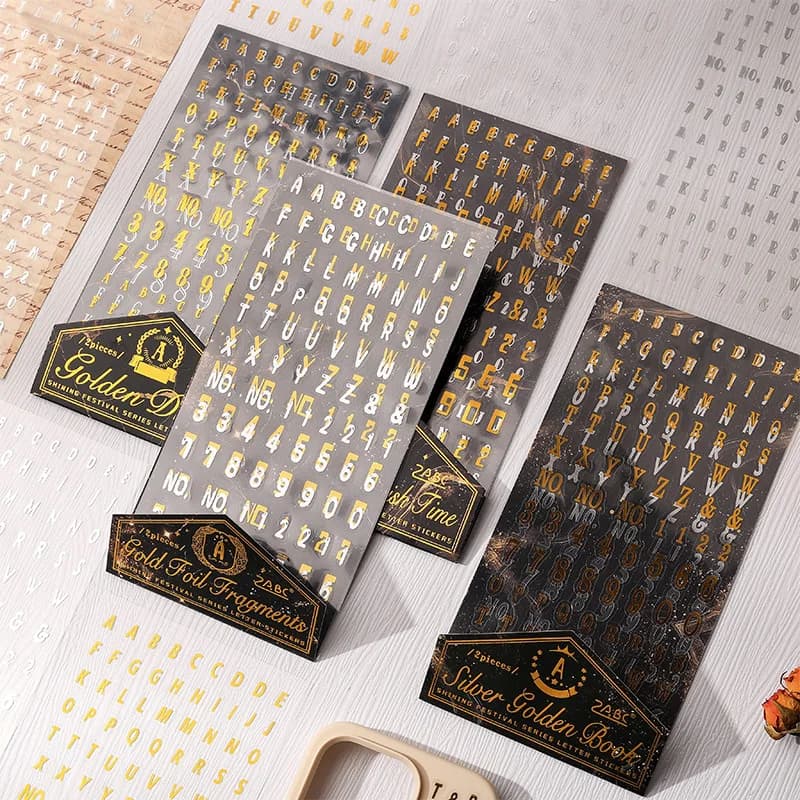 Adesivi in PET con lettere in lamina d'oro e argento - Adesivi con alfabeto e numeri vintage per diario, album fai da te, decorazione del pianificatore