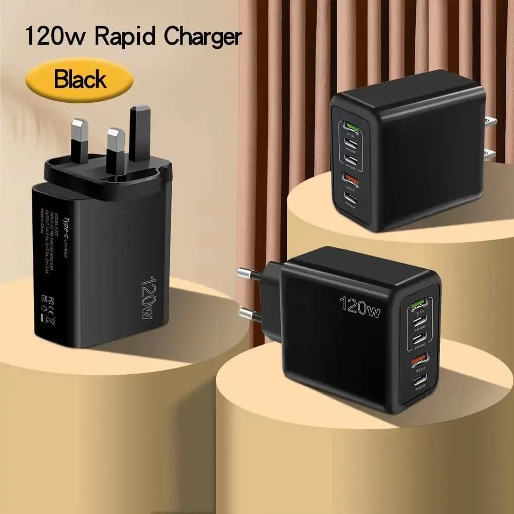 Caricabatterie Rapido USB C 120W Multi-Porta PD, Adattatore da Muro per iPhone, Samsung, Huawei, Xiaomi, POCO, EU/US/UK