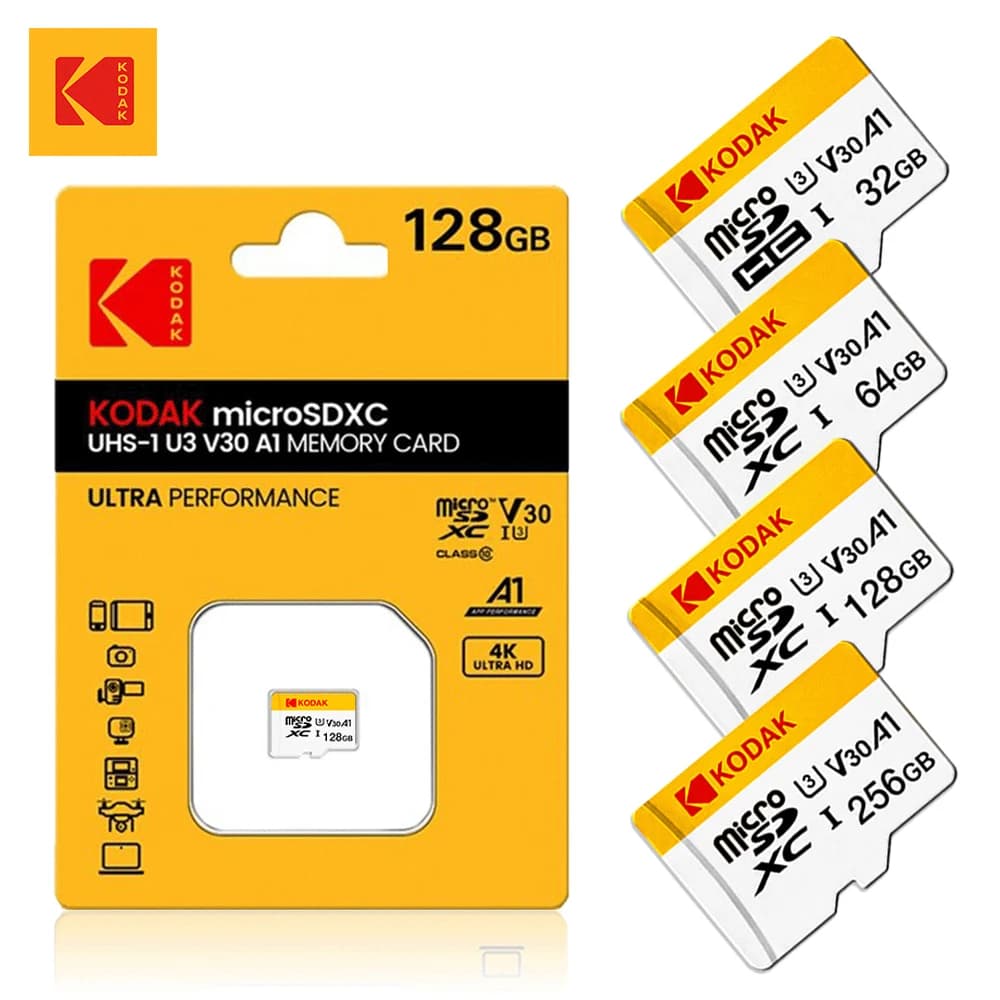 Scheda Micro SD Kodak A1 U3 Classe 10 per monitoraggio Dashcam per auto 32GB 64GB 128GB 256GB Memoria TF Card 100Mb/s Impermeabile antiurto