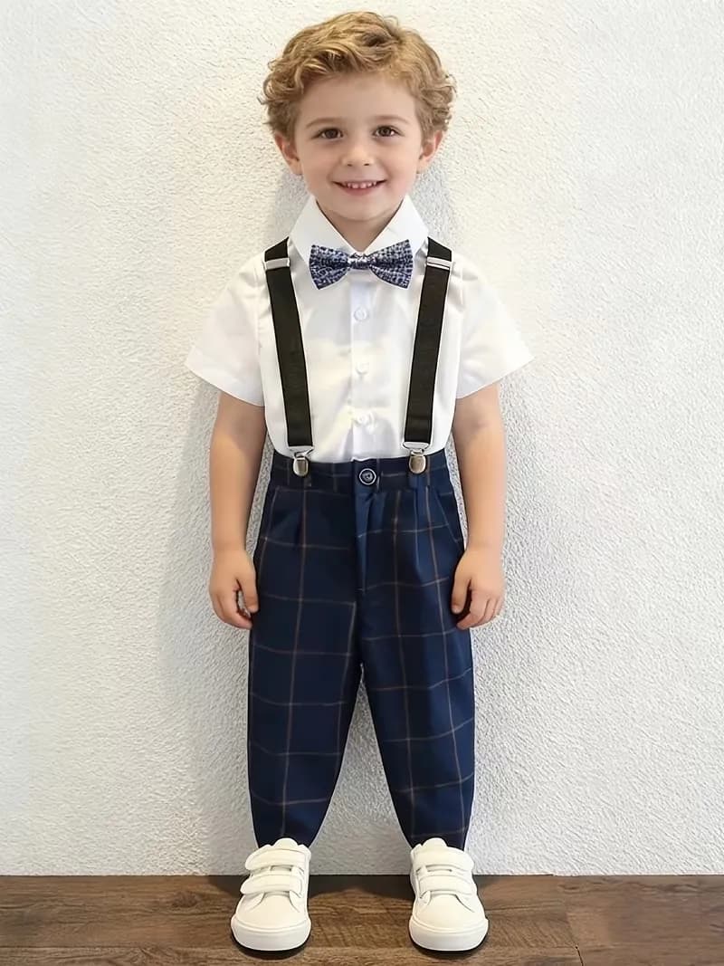 Completo Estivo 4 Pezzi per Ragazzi 90-170 cm: Camicia, Pantaloni, Bretelle e Papillon - Abito per Fotografia, Matrimonio e Compleanno