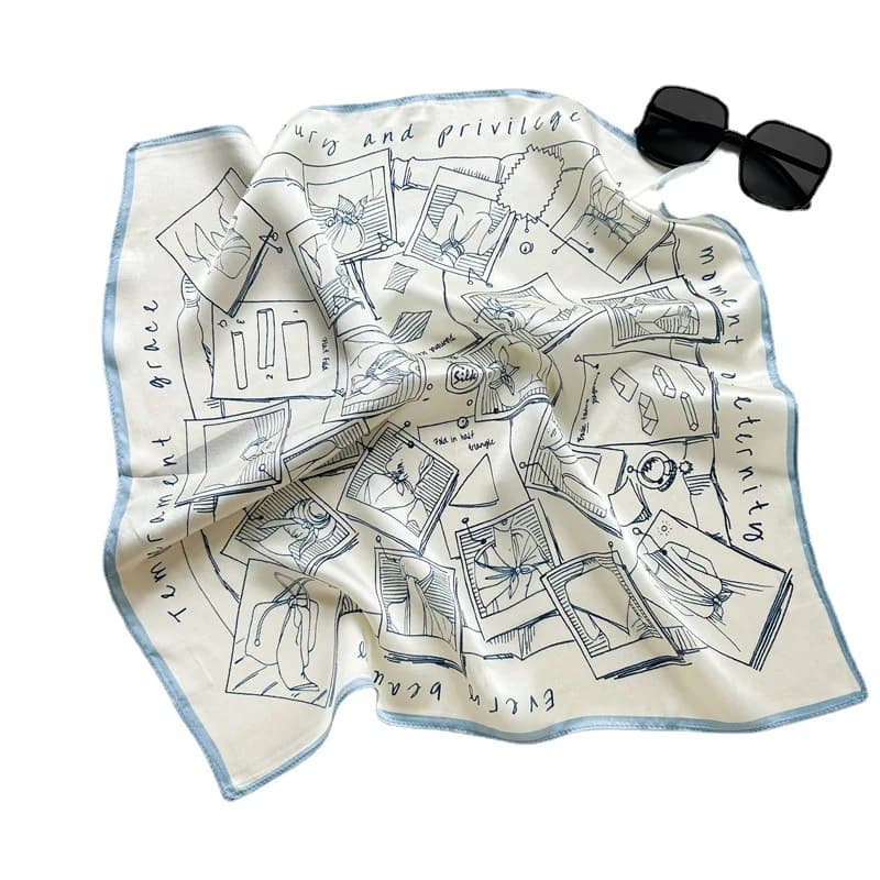 Ins Minimalist Blue White Sketch Letter Satin Square Scarf Women Elegant Neck Scarves Multipurposed Headband Handbag Strap