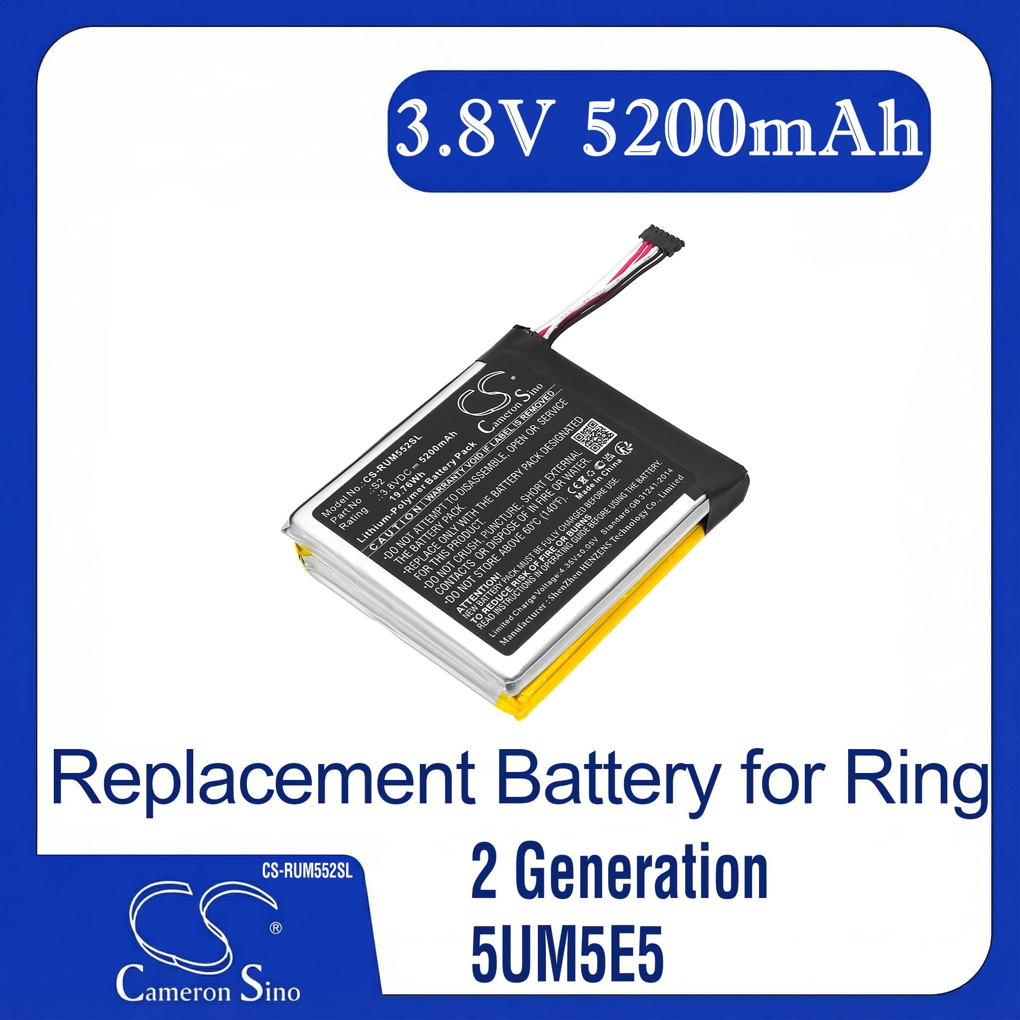 Batteria di ricambio Cameron Sino per Ring 2 Generation, 5UM5E5, Video Doorbell 2nd, compatibile con P/N S2