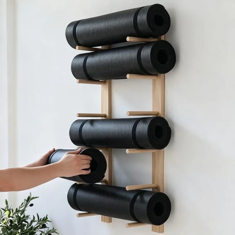 Solid Wood Yoga Mat Storage Rack Yoga Studio Organizer Holders Gym Wall Mounted Storages Shelves Multifunctional Organizing Rack