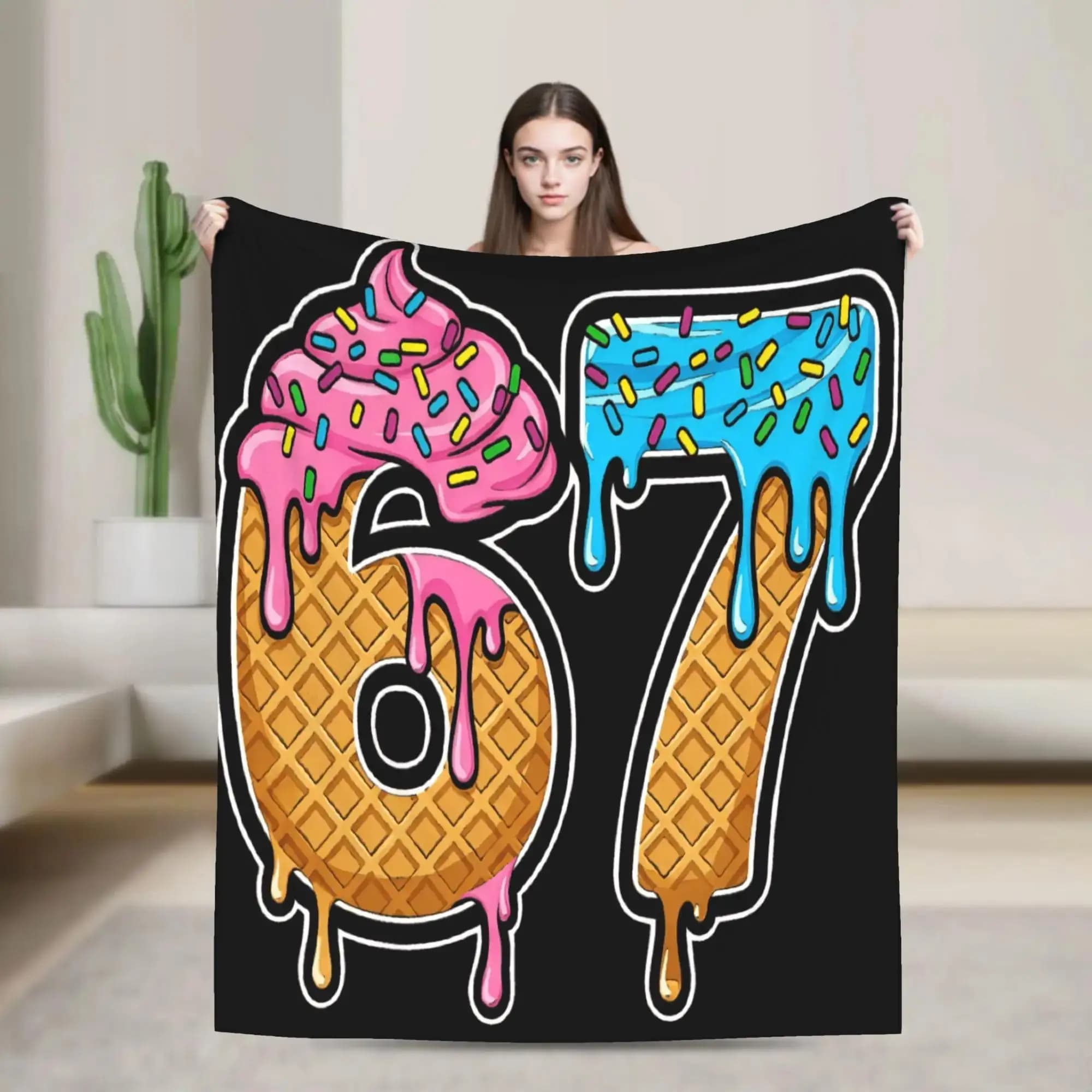 Coperta in peluche a tema gelato Sweet Number, morbida coperta in flanella per bambini e adulti, graziosa copertura per divano da soggiorno