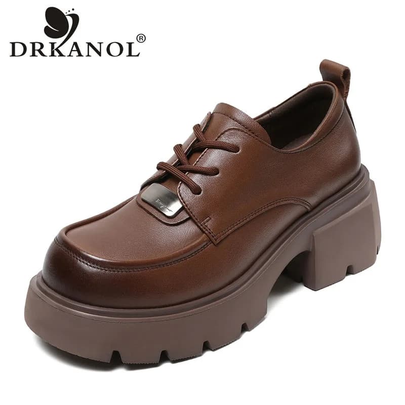 DRKANOL Luxury Design Genuine Leather Shoes Women Pumps Calfskin Round Toe Metal Lace Up Thick high Heel Retro Casual Shoes Lady