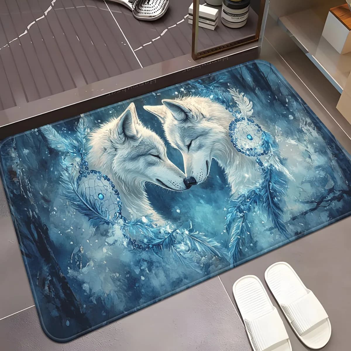 1pc Acchiappasogni Lupo bianco Coppia zerbino Romantico animale Arte Design Tappeto decorativo tono blu per soggiorno camera da letto