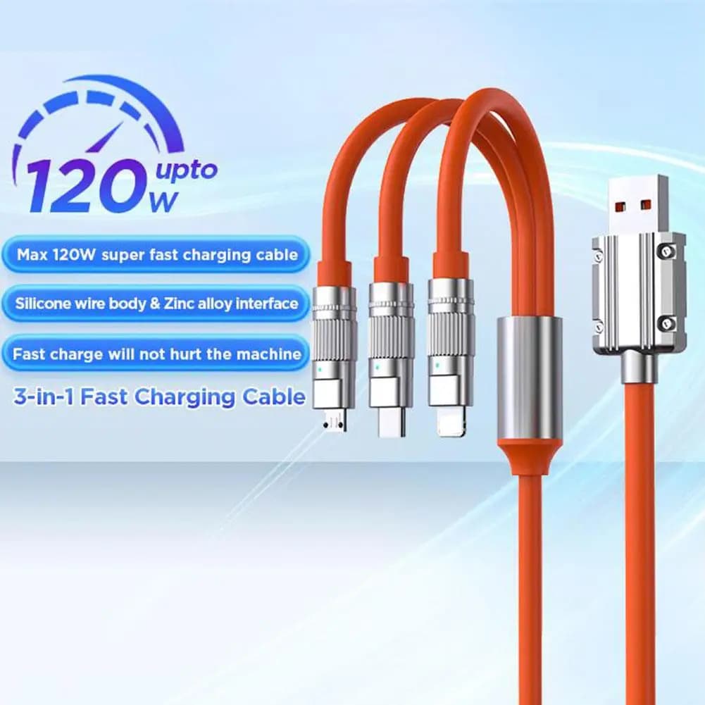 Cavo di ricarica multiplo, cavo di ricarica 3 in 1, ricarica rapida USB-C da 120 W, per fulmini/tipo C/micro USB, per telefoni, iPad, MacBoo W9P2