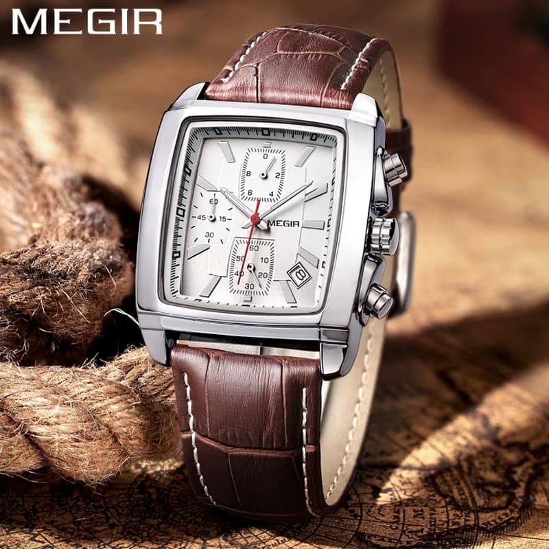 MEGIR Moda Casual Uomo Cronografo Al Quarzo Orologio Top Brand Militare Sport Orologio Da Polso Uomo Rettangolo Orologi In Pelle Maschio 2028