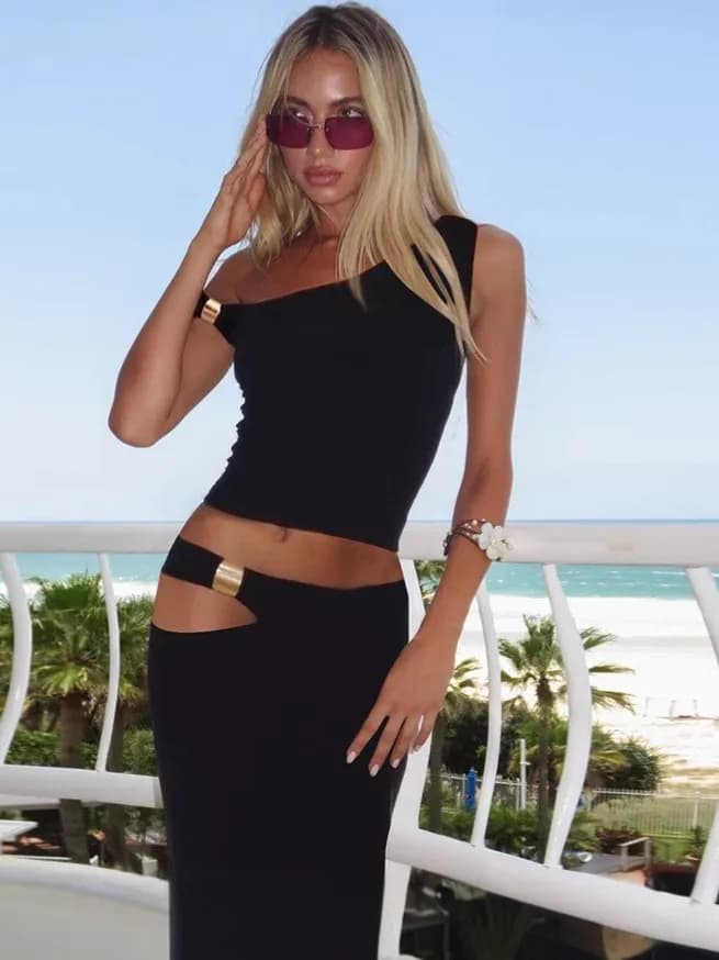 SKMY 2026 Nuova Collezione Primavera Abbigliamento Donna, Set Due Pezzi Sexy con Top Senza Spalle e Gonna con Taglio Laterale