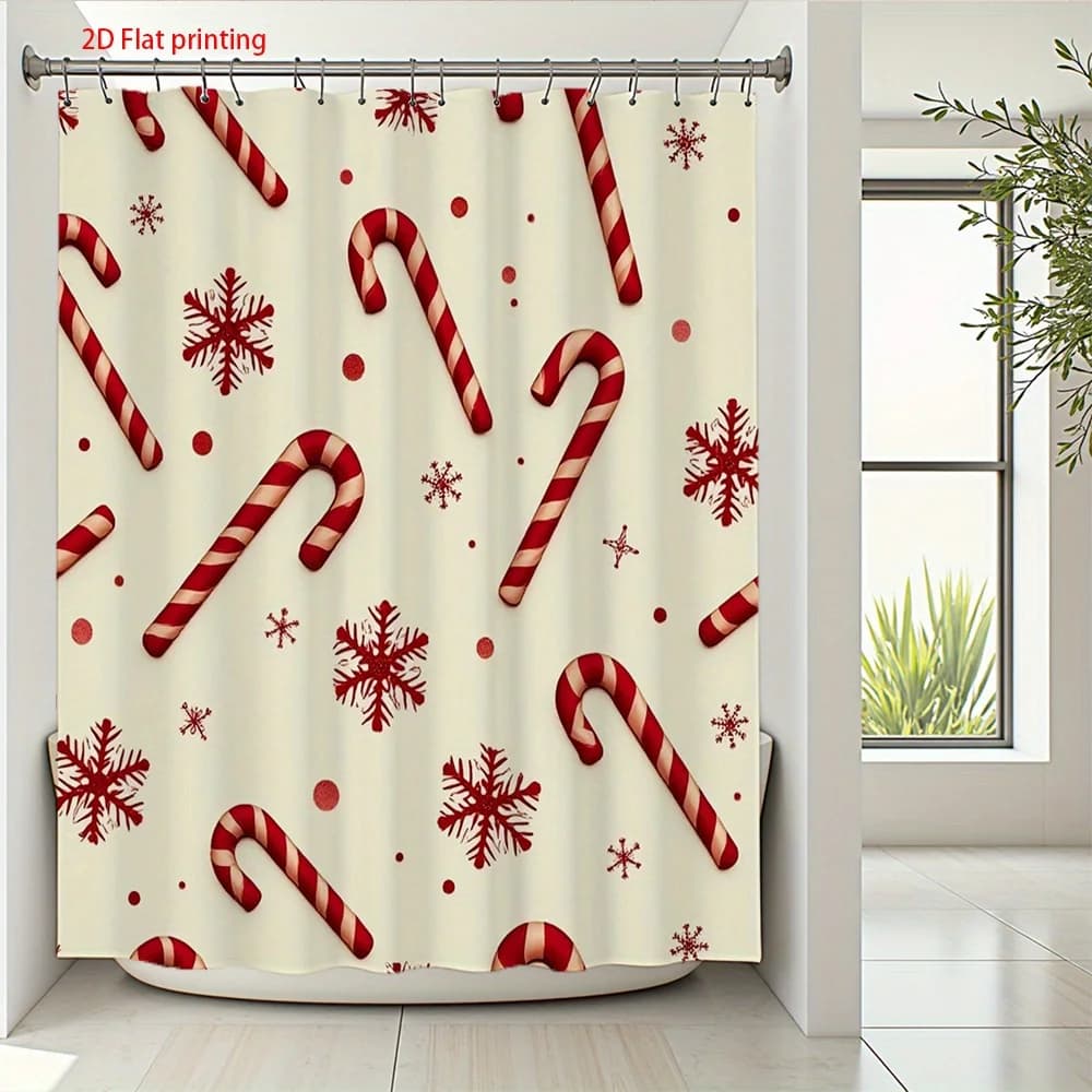 Tenda da doccia 1 pezzo con bastoncino di zucchero e motivo a fiocchi di neve, tessuto in poliestere, lavabile in lavatrice, adatta per la decorazione del bagno