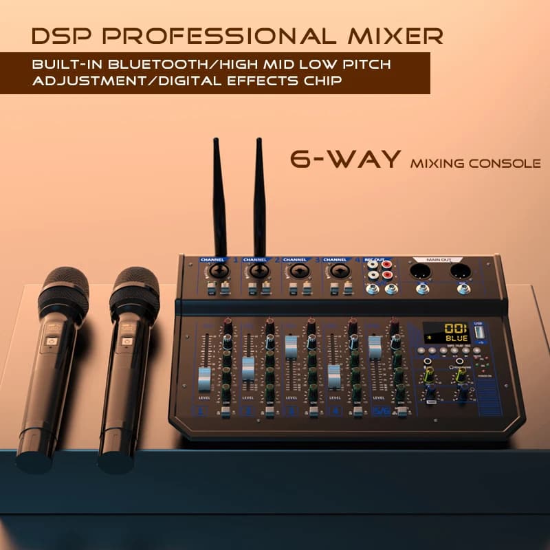 Console di missaggio audio riverbero DSP con doppio microfono a 6 canali, registrazione USB Bluetooth/performance sul palco/karaoke/regalo familiare