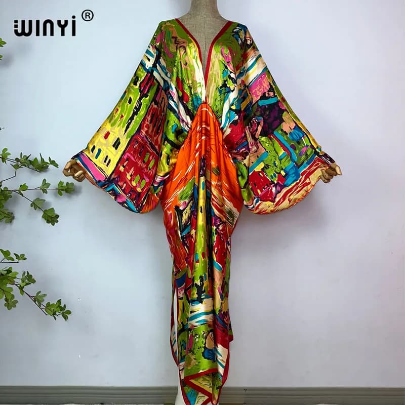 2023 WINYI Sexy beach silk high quality feel fashion print Maxi women's dresses long bohémien dress with v neck party evening dress