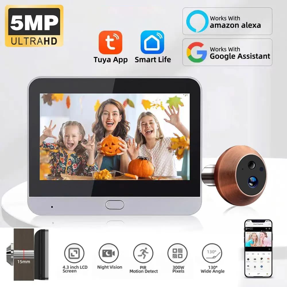 Mini Telecamera Spioncino WiFi Tuya SmartLife 5MP con Schermo da 4,3 Pollici, Batteria 5000mAh, Allarme PIR, Compatibile con Alexa per la Sicurezza Domestica