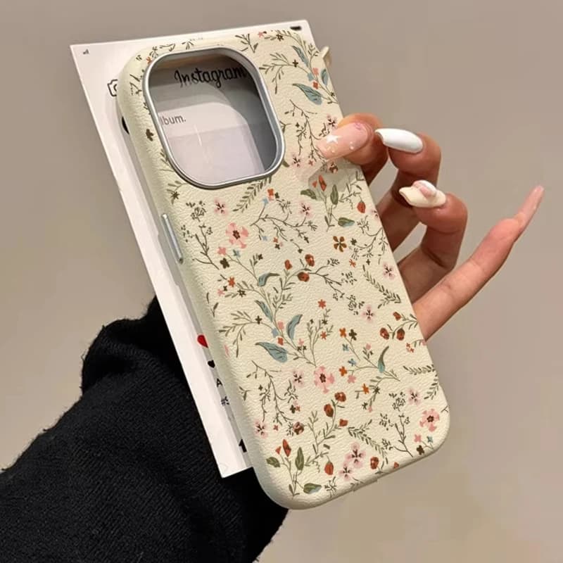 Custodia smerigliata per telefono in pelle tinta unita con fiori freschi per iPhone 16 E 15 14 13 12 11 Pro Max XS Max XS X 8 7 Plus Proteggi la copertura morbida