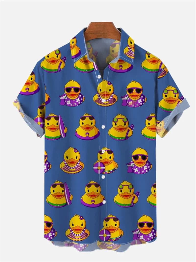 Camicia hawaiana stampata in 3D con anatra animale carina per uomo donna camicetta con bottoni a maniche corte adatta camicie Hawaii top con risvolto divertente