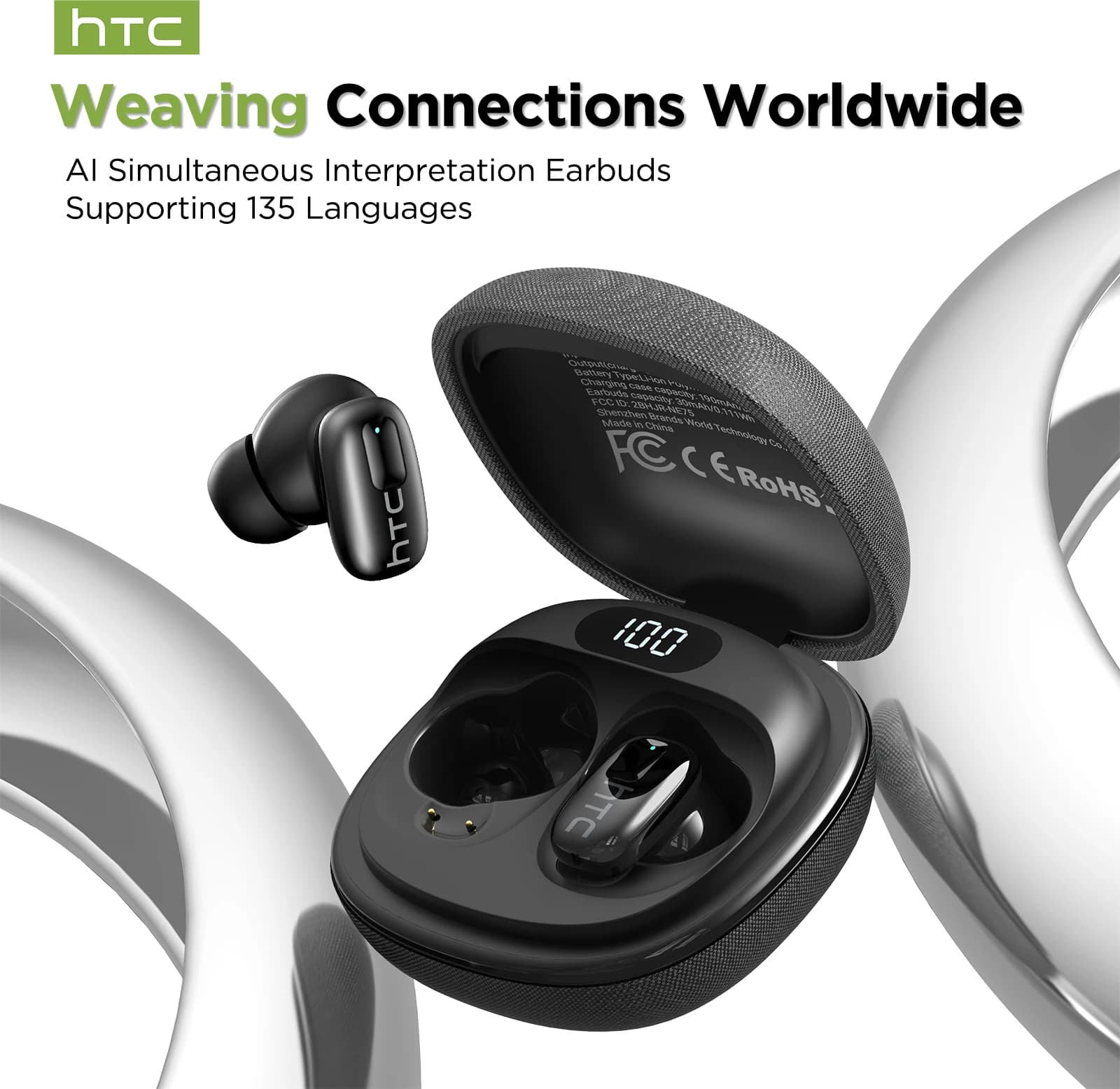 Auricolari Wireless HTC NE75 TWS con Traduttore AI in Tempo Reale per 134 Lingue, Bluetooth 6.0, Riduzione del Rumore ENC, Audio HiFi, Cuffie Sportive