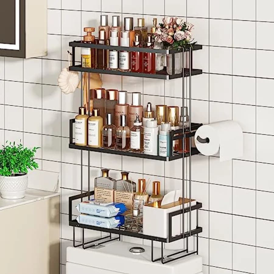 Mensole a 3 livelli da parete per bagno, sopra il WC, con porta carta igienica e 2 ganci, mensola galleggiante nera, organizer e accessori