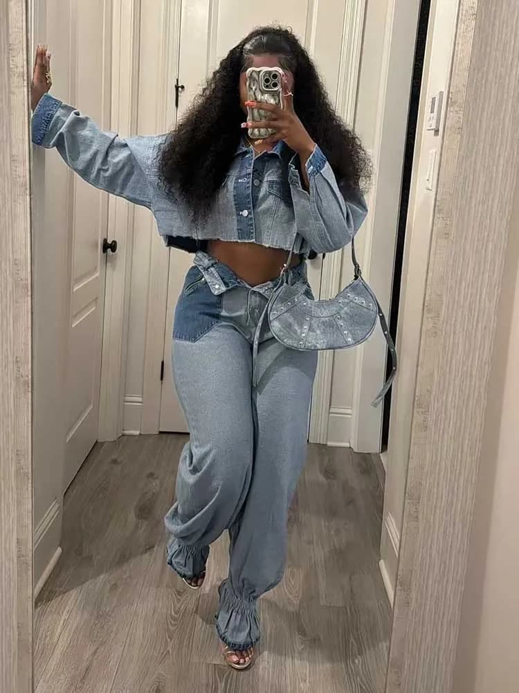 Set coordinato da 2 pezzi Primavera Streetwear Top con bottoni e jeans Pantaloni di jeans sexy femminili per donna Dropshipping all'ingrosso