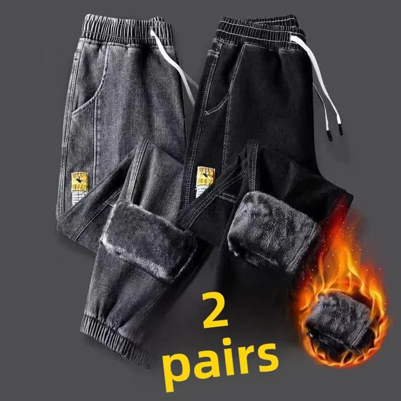 Fleece Lined Straight Leg Workwear Jeans Men's Loose Fit Long Trousers for Autumn Winter Wear Comfortable Durable Denim Pants