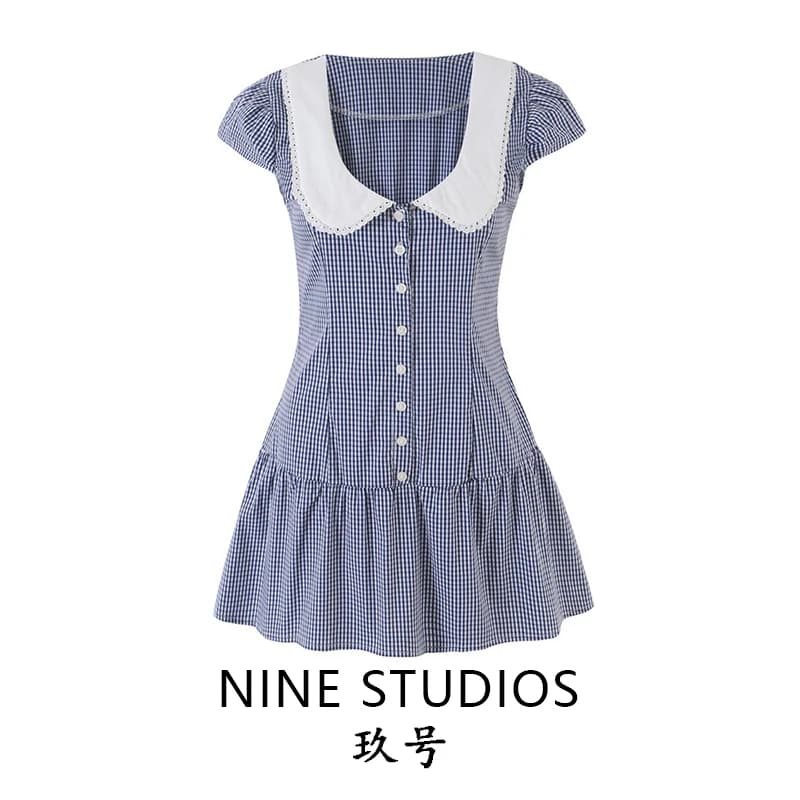 Slimming Plaid Color Block Doll Collar Bubble Sleeve Waist Cinched Short Dress A-Line Skirt Casual Daily Wear Single Button