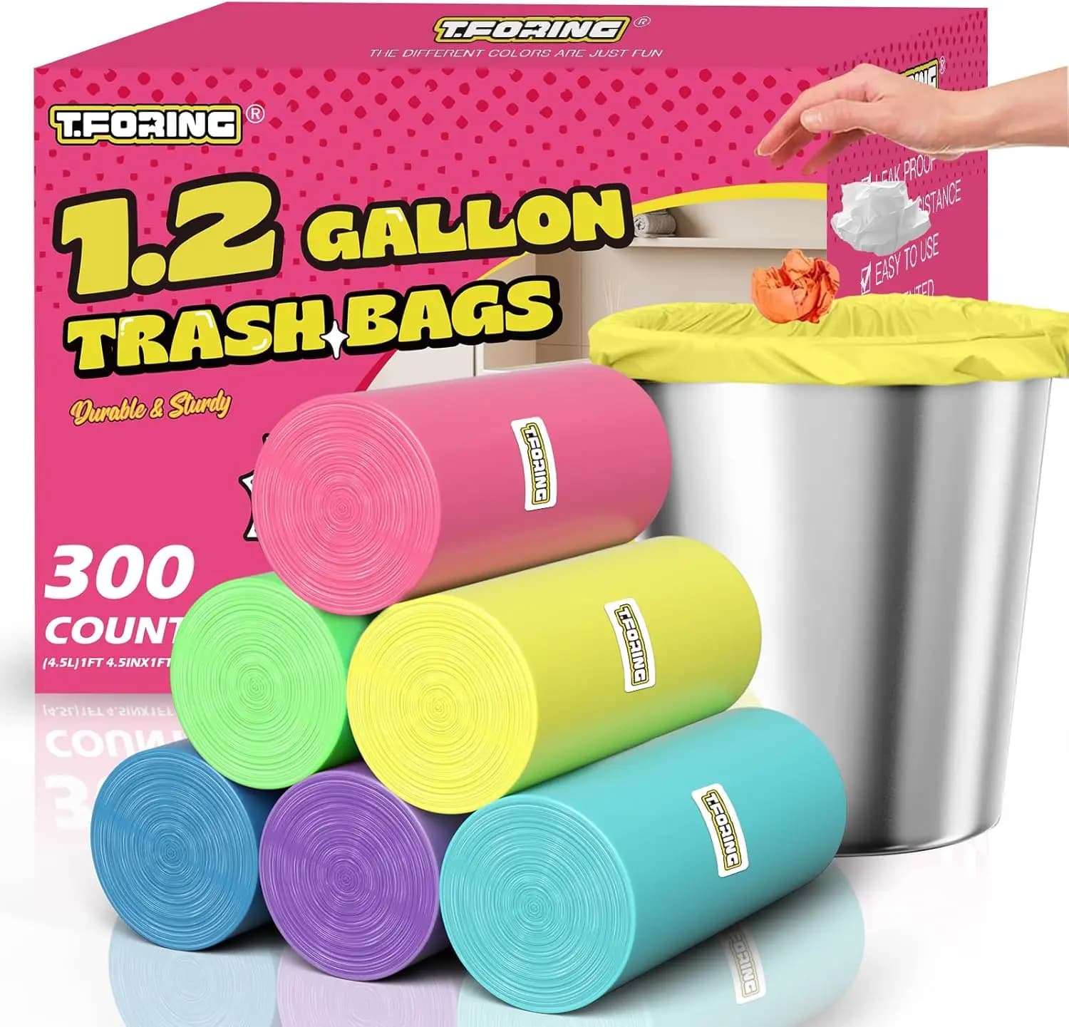 Mini Trash Bags 1.2 Gallon Unscented, 0.82 Mil, Colored,300 Count | 4.5 Liter Garbage Bag, Plastic Wastebasket Liners, Leakproof