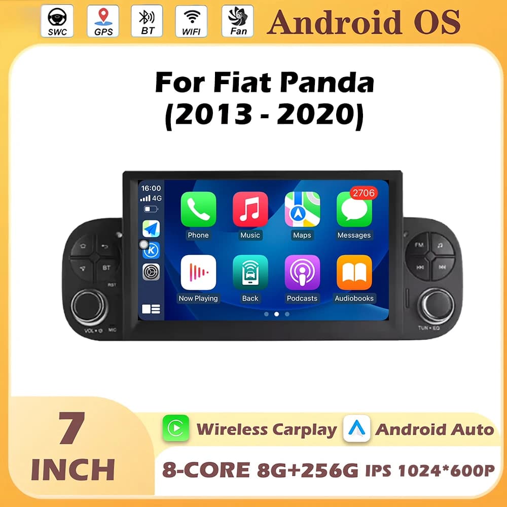Autoradio Android 7'' per Fiat Panda 2013-2020 con GPS, Navigazione, Lettore Multimediale, Bluetooth, DSP, Stereo e Touchscreen