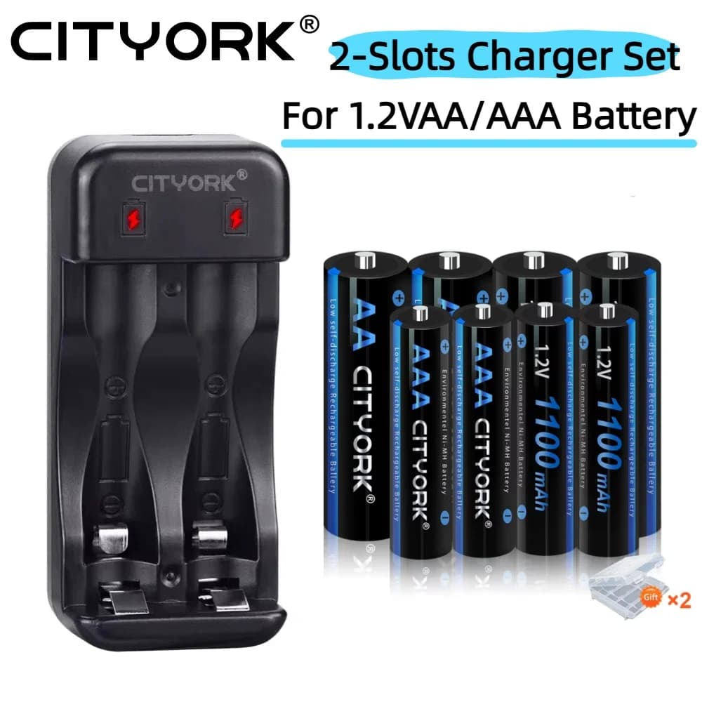 Batteria ricaricabile CITYORK 1.2V AA 3000mAh AAA 1100mAh NI-MH con caricabatterie a 2 slot per batteria ricaricabile AA/AAA da 1,2 V