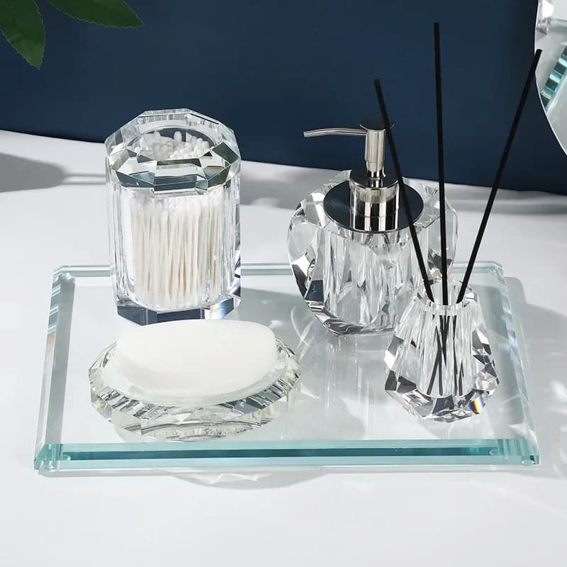 Dispenser di sapone in vetro trasparente, scatola portaoggetti, bottiglia per aromaterapia, dispenser di shampoo, accessori per la decorazione del bagno, vassoio