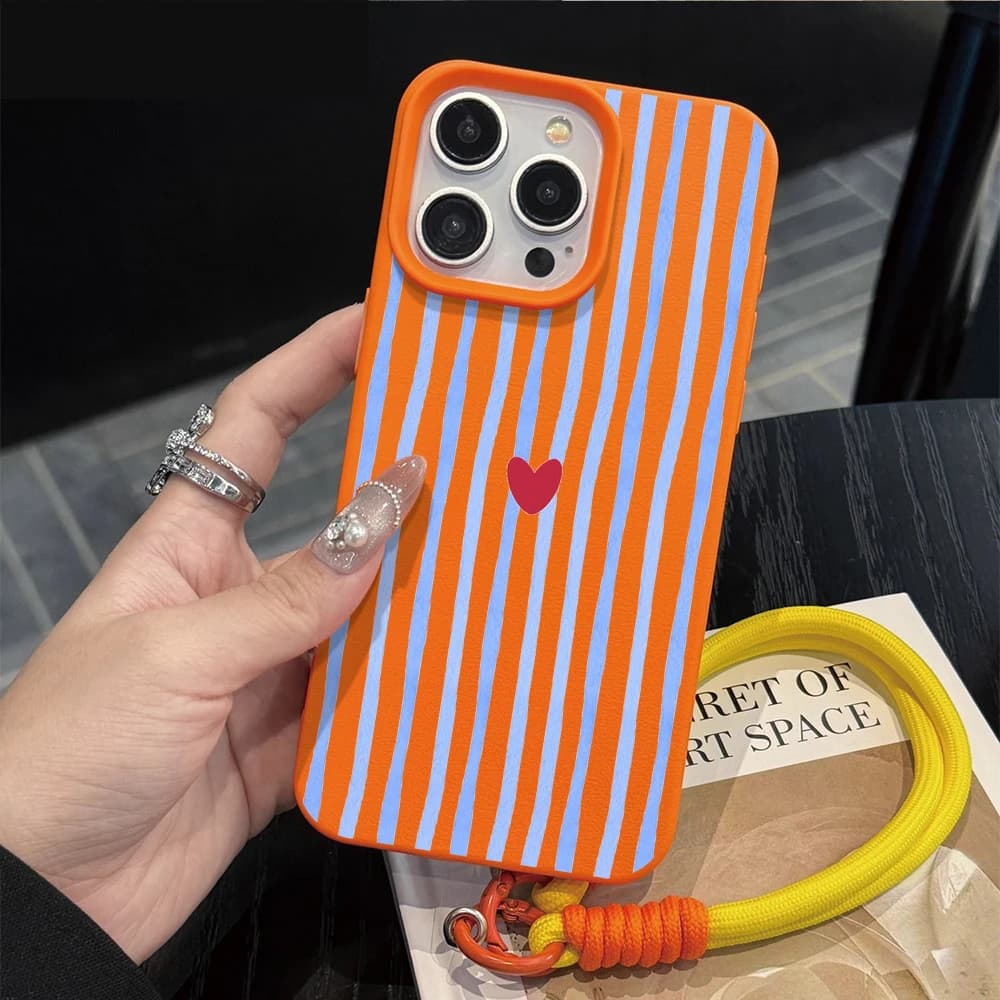 Vertical Stripes Hearts Phone Case For iPhone 17 16 15 14 13 12 11 Pro Max 16 15 14 Plus 17Air With Lanyard Silicone Matte Cover