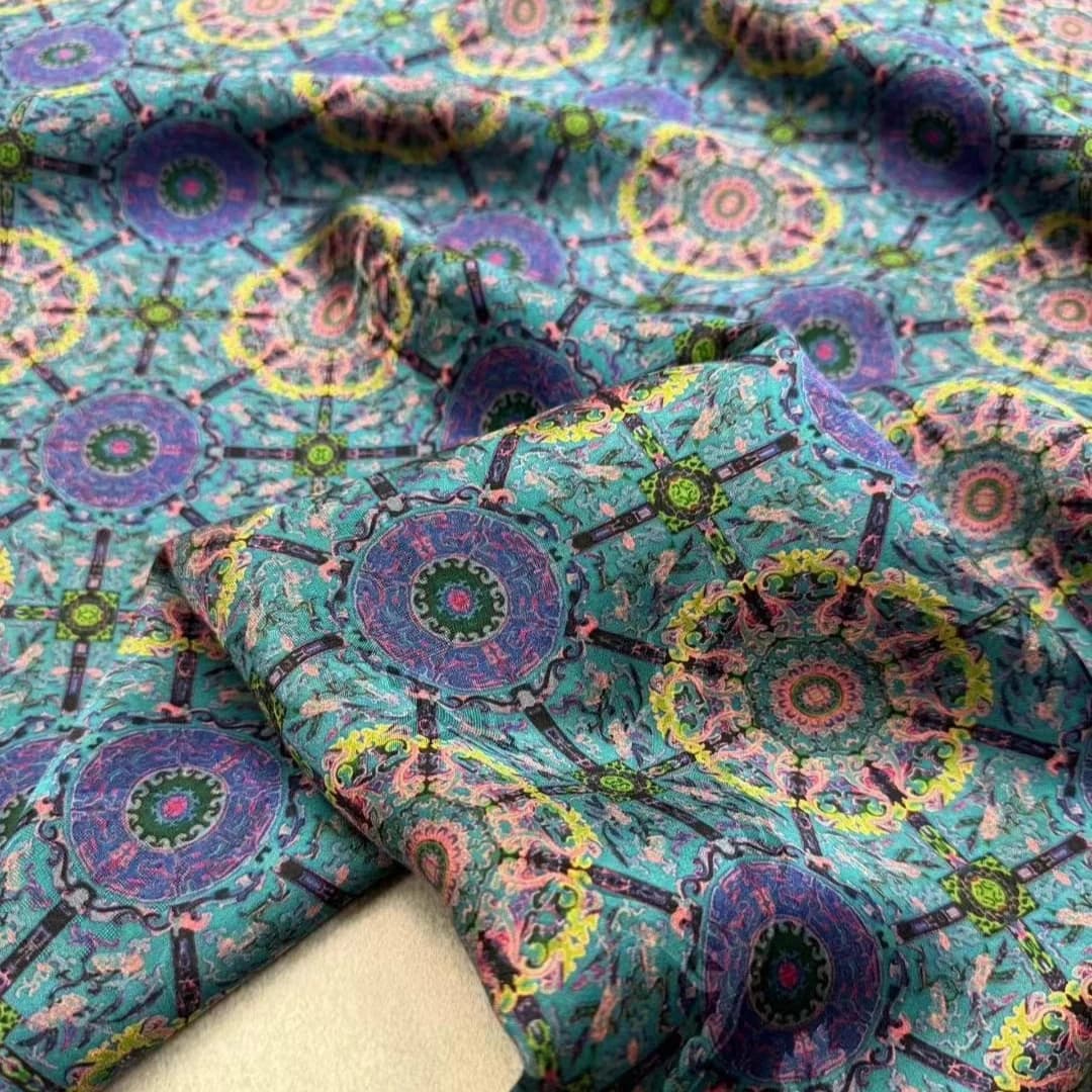114CM Wide 26MM Blue Printed Through-holed Heavy Silk Fabric for DIY Sewing Dress Pants Cheongsam Pajamas Vest R5008