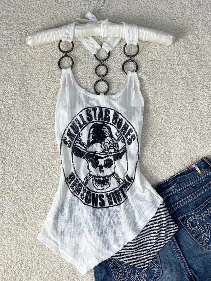 Y2k Stampa teschio Sexy Sling Backless Goth Vintage Slim Donna Abbigliamento Catena Senza maniche Estetica Harajuku Anni '90 Grunge Emo Vest Tee