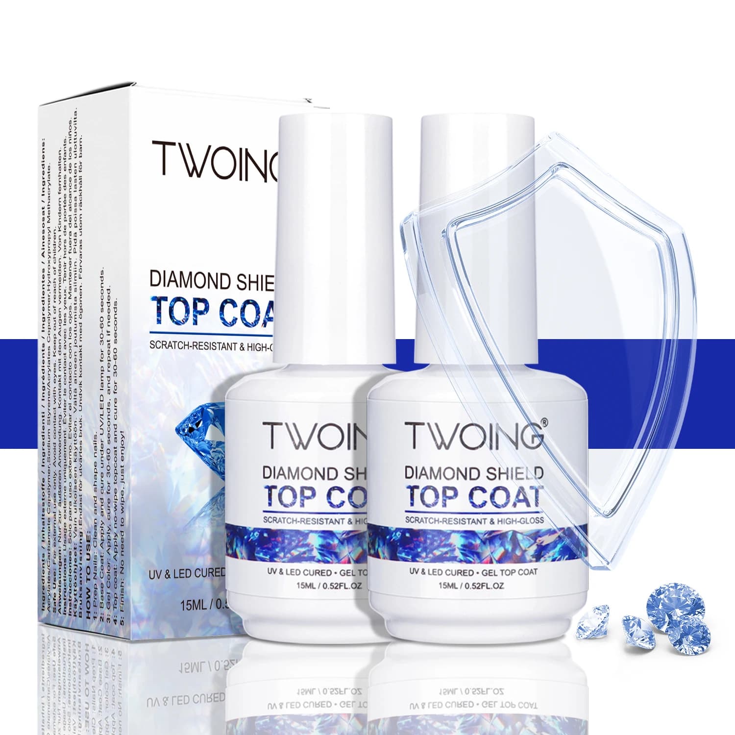 TWOING 15ml New Super Shine Top Coat Gel Nail Polish Diamond Top Coat No Wipe Sealant Gel Finish Manicure Nail Art Salon Quality