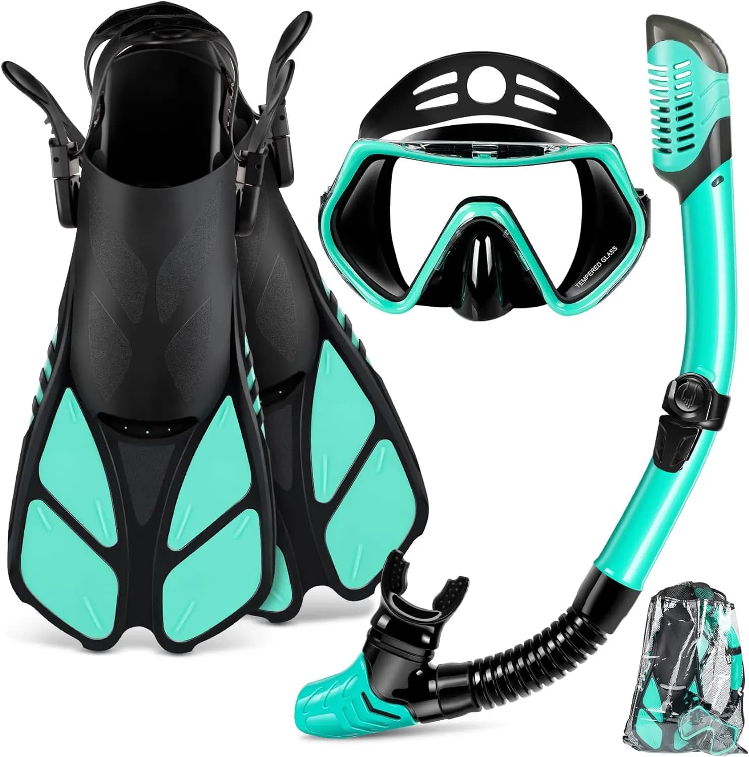 Snorkeling Set with Tempered Glass Underwater Eyelets, Set 3 Pieces with Pine and Breathing Tube Fully Dry and Adjustable Pine