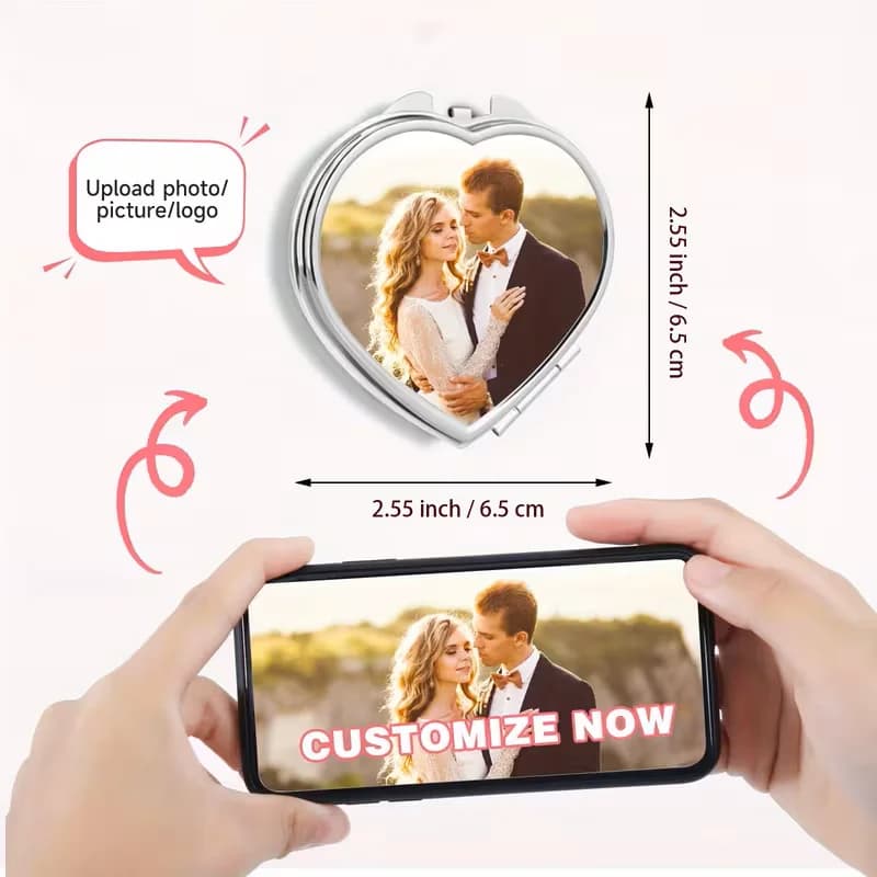 Custom heart-shaped photo makeup mirror, portable travel mirror for gifting, daily use, and bride souvenirs, handheld mirror