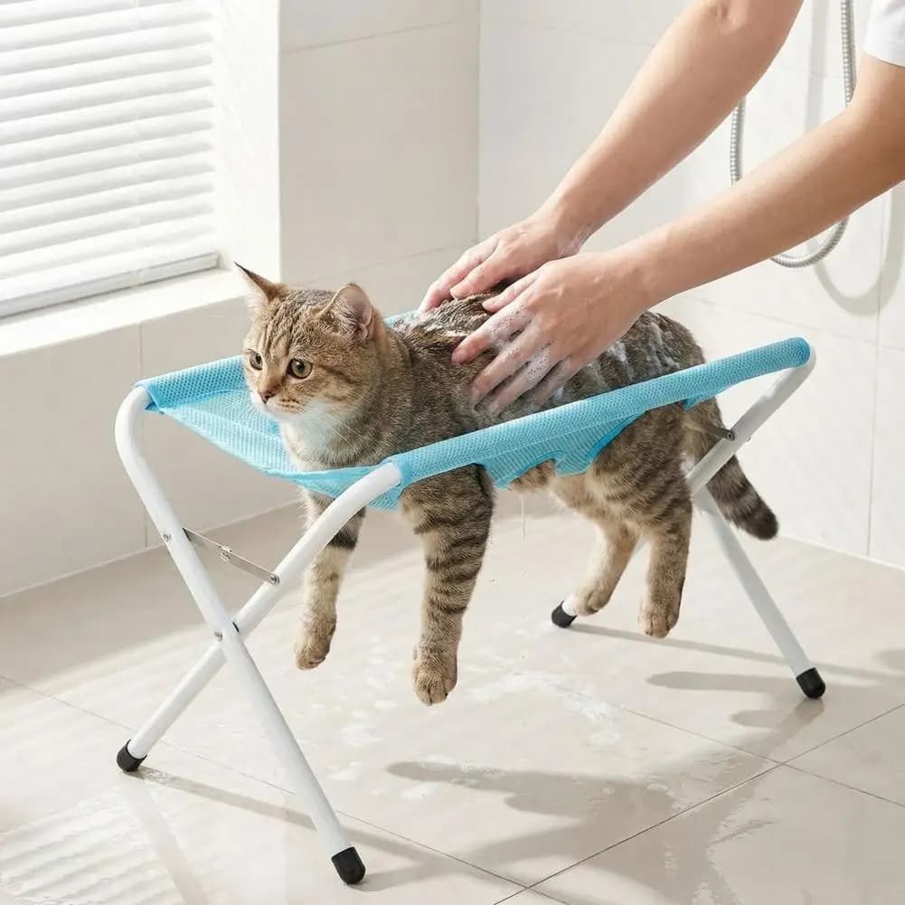 Pet Grooming Hammock with Stand Folding Cat Grooming Table Mesh Pet Washing Station for Cats Dogs Grooming Nail Trimming Use