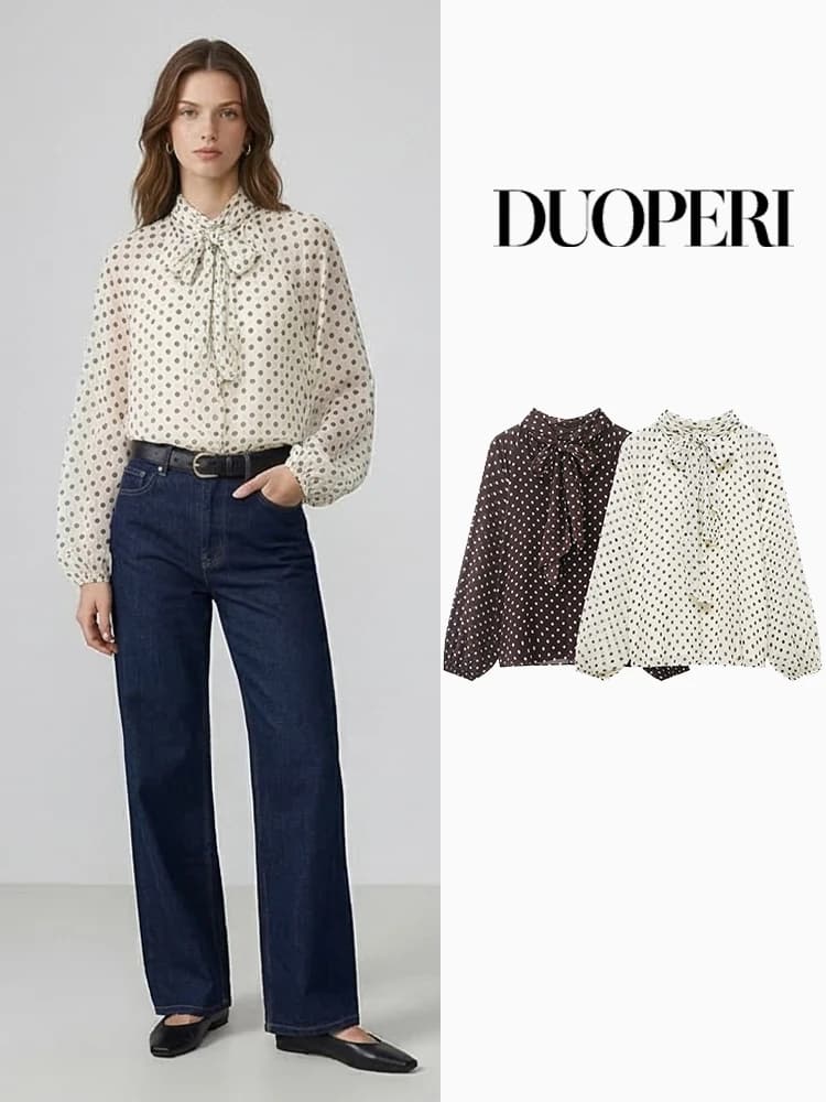 DUOPERI Women Fashion Dot Bow Lace Up Pullover Blouse Vintage O-Neck Long Sleeves Female Chic Lady Shirts