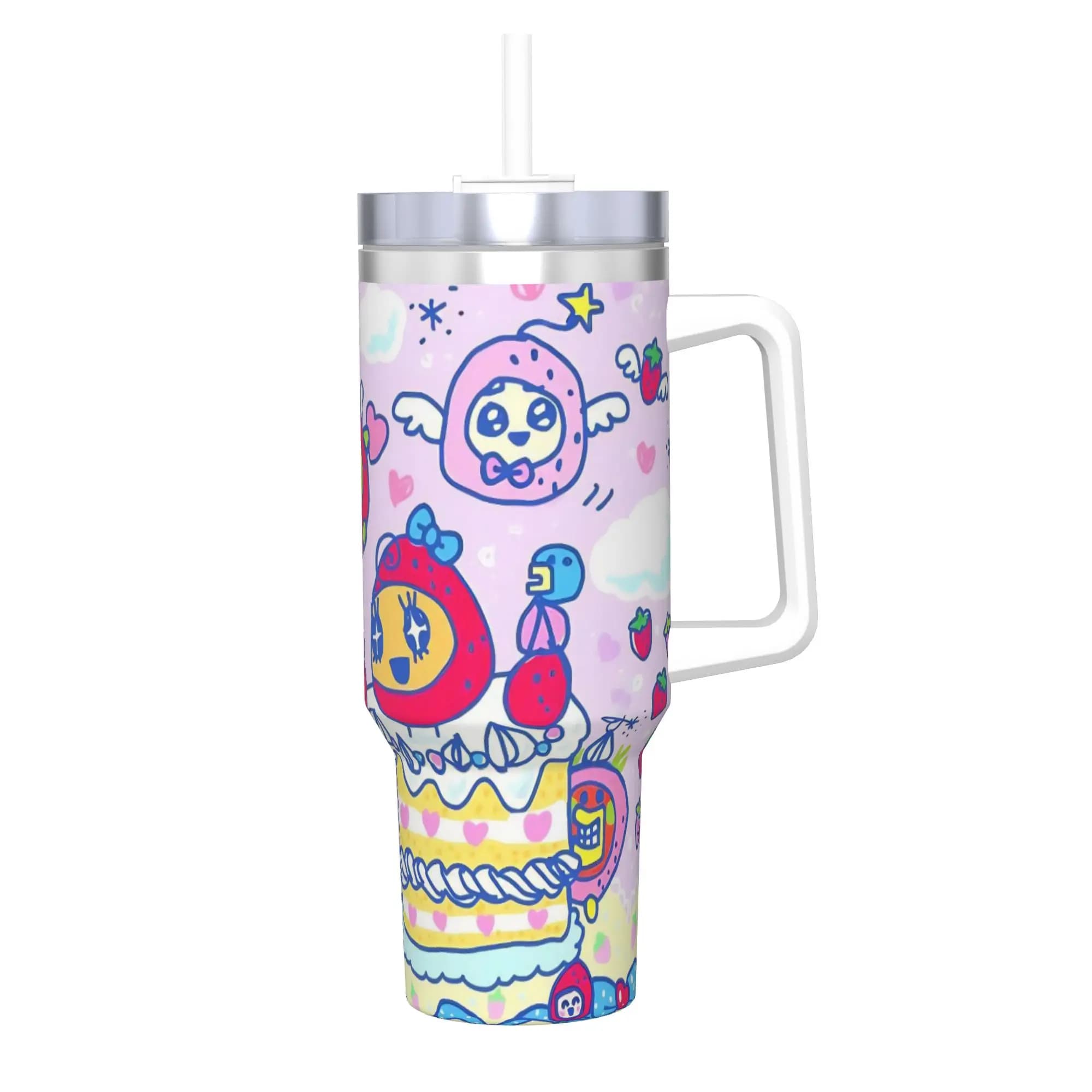Tazza Termica Isolata Sottovuoto in Acciaio Inox con Design Cartone Animato Giapponese Tamagotchi, per Auto, Bevande Calde e Fredde, 40oz