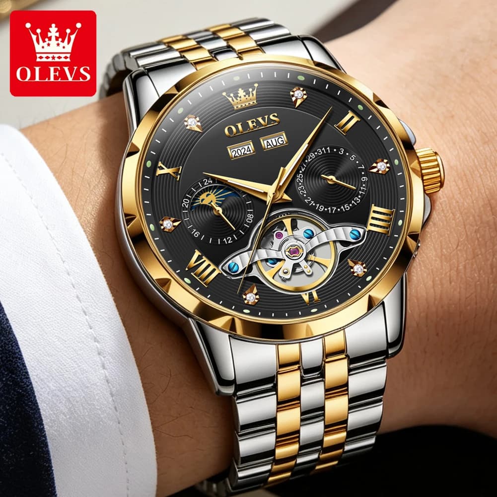 OLEVS Original Mens Automatic Watch Luxury Dress Diamond Self Winding Skeleton Business Watch Stainless Steel gift for him 6691