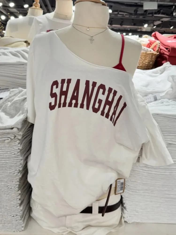 White Letter Print Loose T-shirts Women SHANGHAI Raw Hem Slash Neck Cotton Short Sleeve T-shirts Preppy Style Sweet Y2k Tops