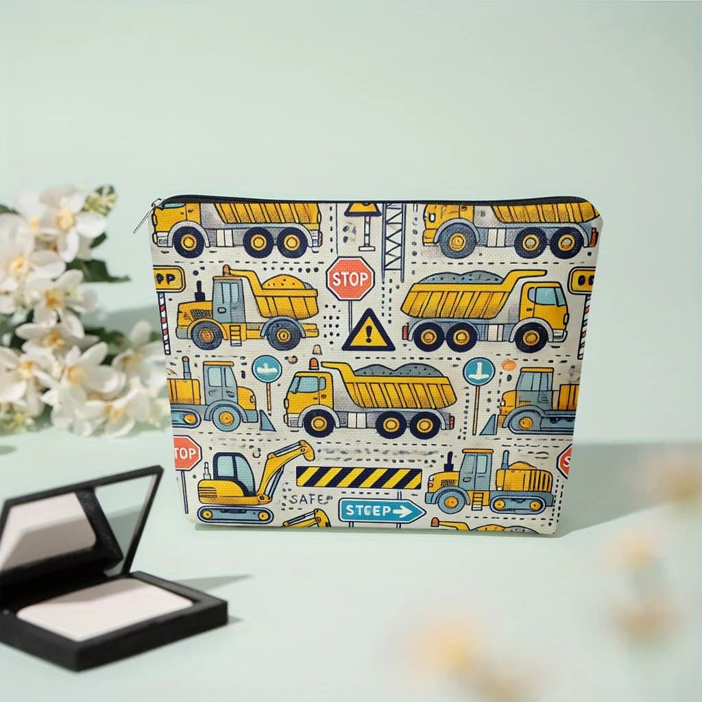 Borsa per il trucco a tema veicoli da costruzione e segnali stradali - 1 pezzo - Pochette multifunzionale con cerniera per donna, perfetta borsa da viaggio con cerniera, divertente regalo di compleanno