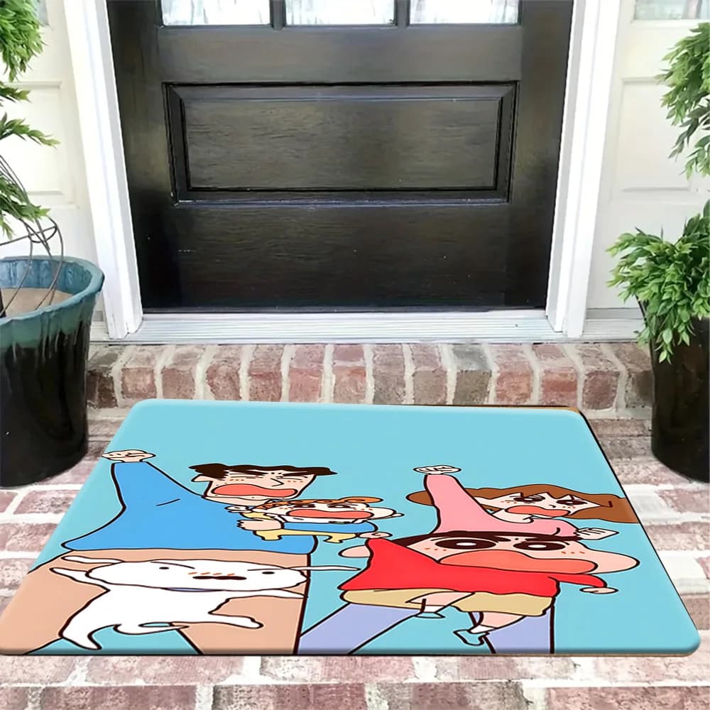 Tappetino antiscivolo con stampa della scena di tifo della famiglia energica di Crayon Shin-chan, grazioso tappeto decorativo per l'ingresso con famiglia e Shiro, Wat