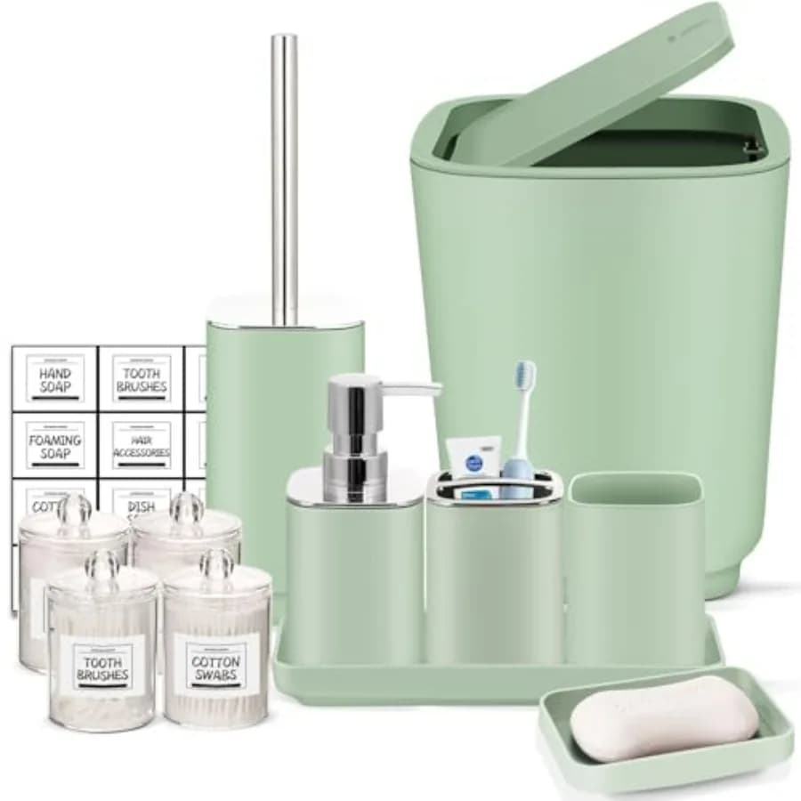 Accessori da bagno verdi Set da 11 pezzi con vassoio Portaspazzolino Tazza Dispenser di sapone Piatto Spazzola per WC Pattumiera Porta punta Q