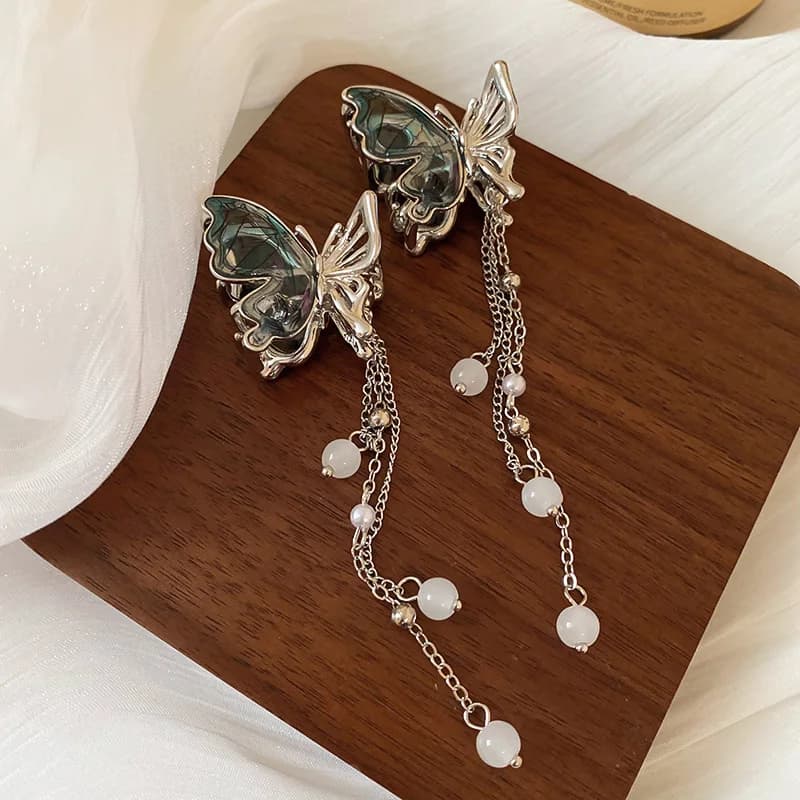 1/2 pezzi nuovo blu-argento splicing farfalla imitazione perla frangia piccolo granchio fermagli per capelli per le donne stile principessa Bang Shark Clip