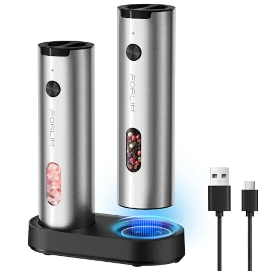 Set Macinapepe e Macinasale Elettrico Ricaricabile con Base di Ricarica, Regolazione della Macinatura, Luce LED, Automatico e Ricaricabile