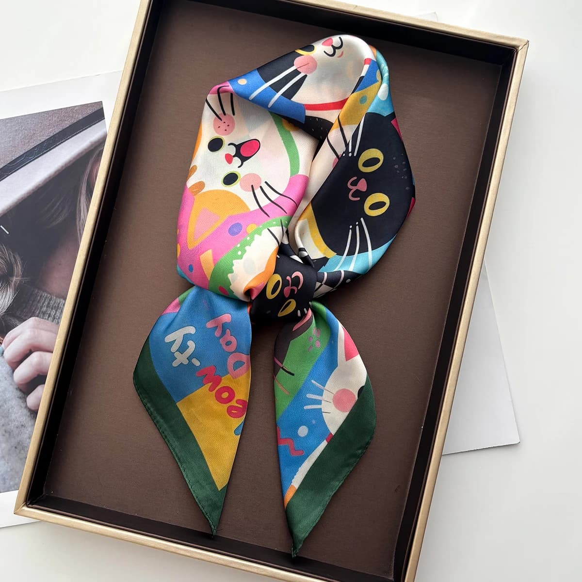 Square Silk Scarf Imitation Woman Animal Cat Printed Accessories Fashion Hair Band Foualrd Neckercheif