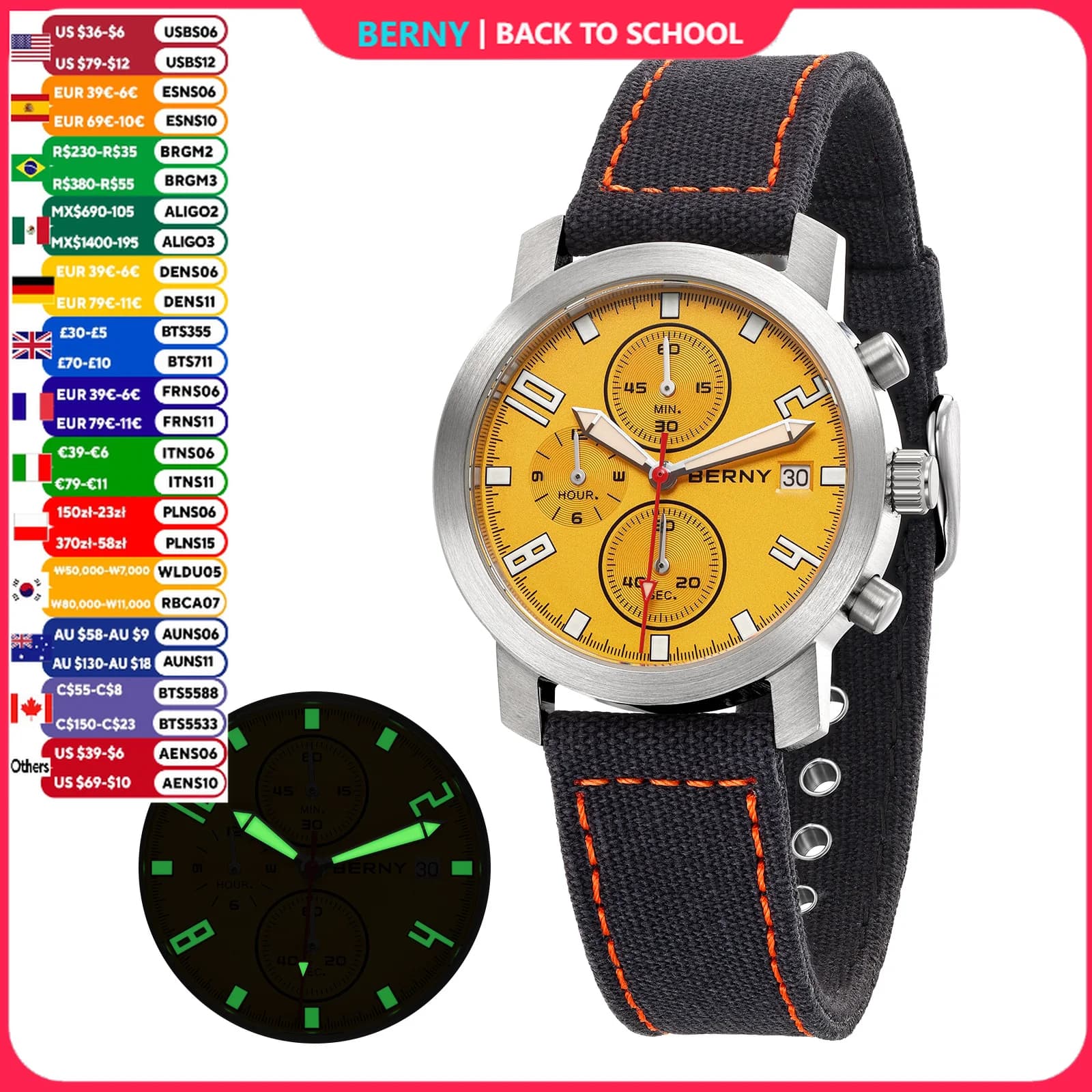 BERNY Chronograph Watches for Men Green Luminous Small Dial Multifunction Lightweight Men's Watch Sapphire 5ATM Waterproof