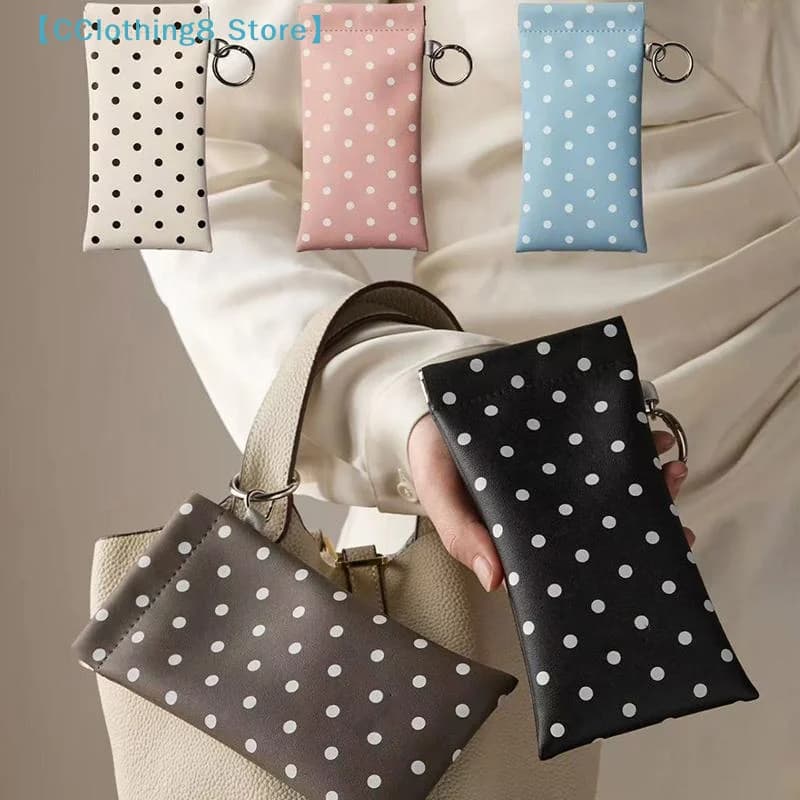 1 pz. Custodia per occhiali portatile a pois con chiusura automatica a molla e portachiavi, clip per occhiali da donna, custodia in pelle per occhiali 【AliS8】
