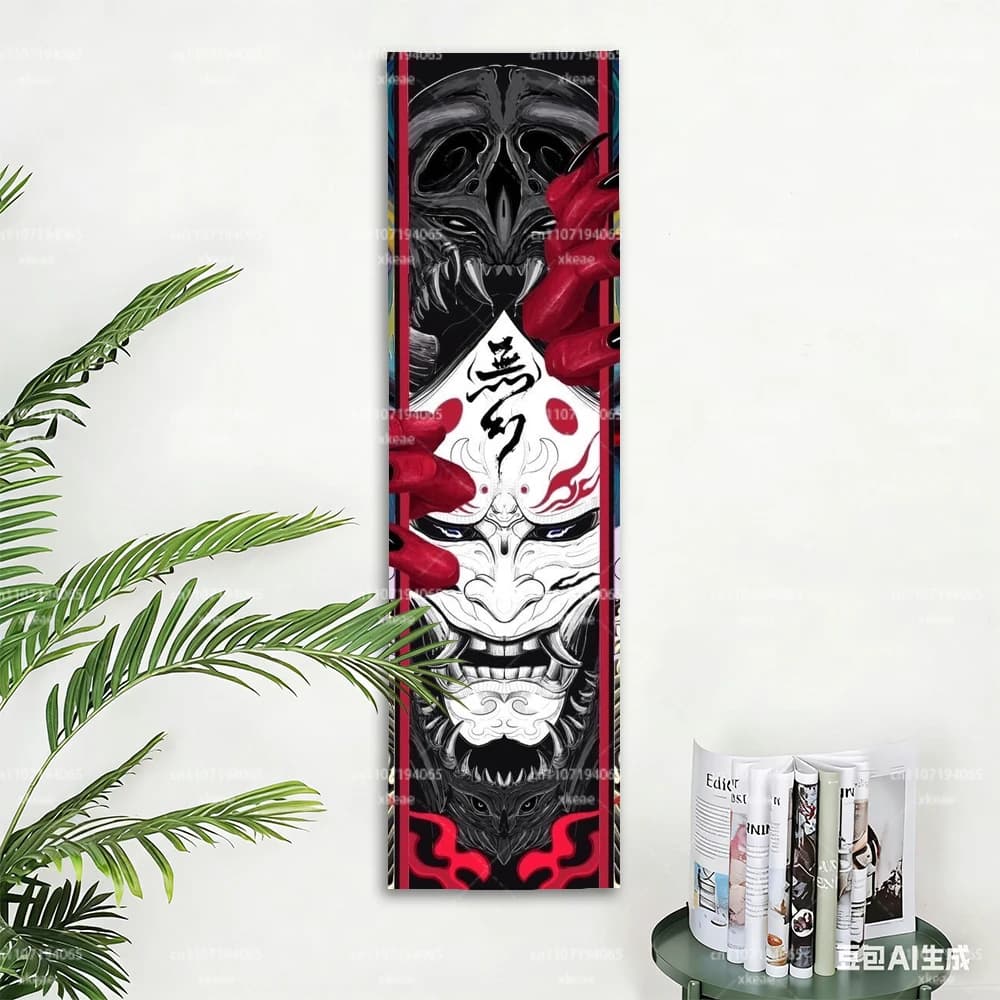Japanese Oni Hannya Mask Tapestry, Samurai Demon Vertical Wall Hanging, Anime Aesthetic Room Decor