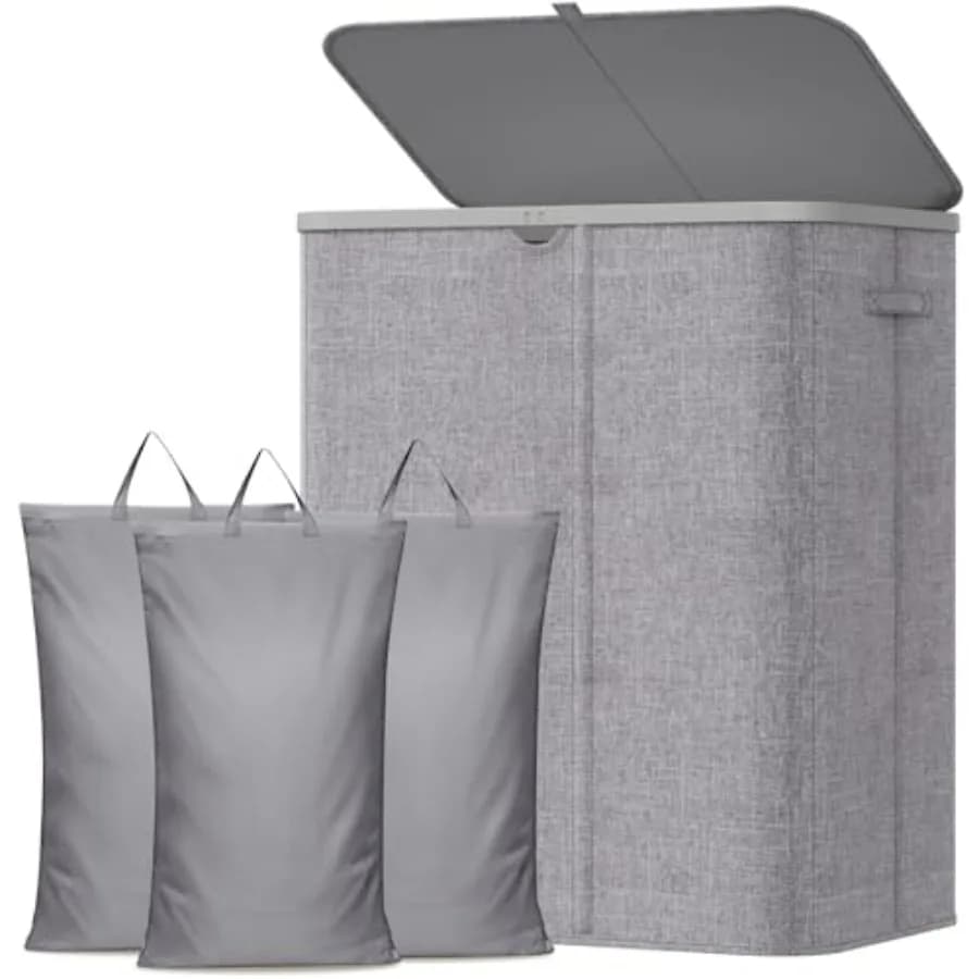 185L Large 3 Section Laundry Hamper with Lid Plastic Laundry Basket with Bamboo Handles and Removable Bags Tall Foldable Clothe