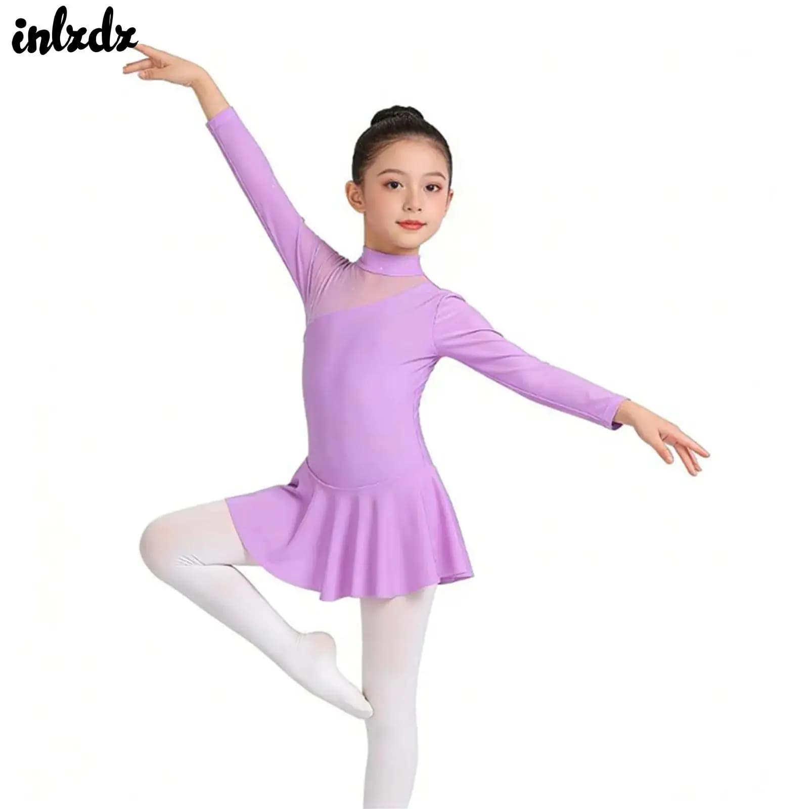 Vestito da ballo per bambine, ginnastica, balletto, pattinaggio artistico, pattinaggio su ghiaccio, con scollo a lupetto, cut-out sul retro e inserti in tulle